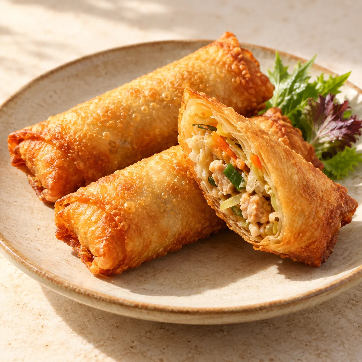 Concept image of crisp egg rolls with chicken and vegetables