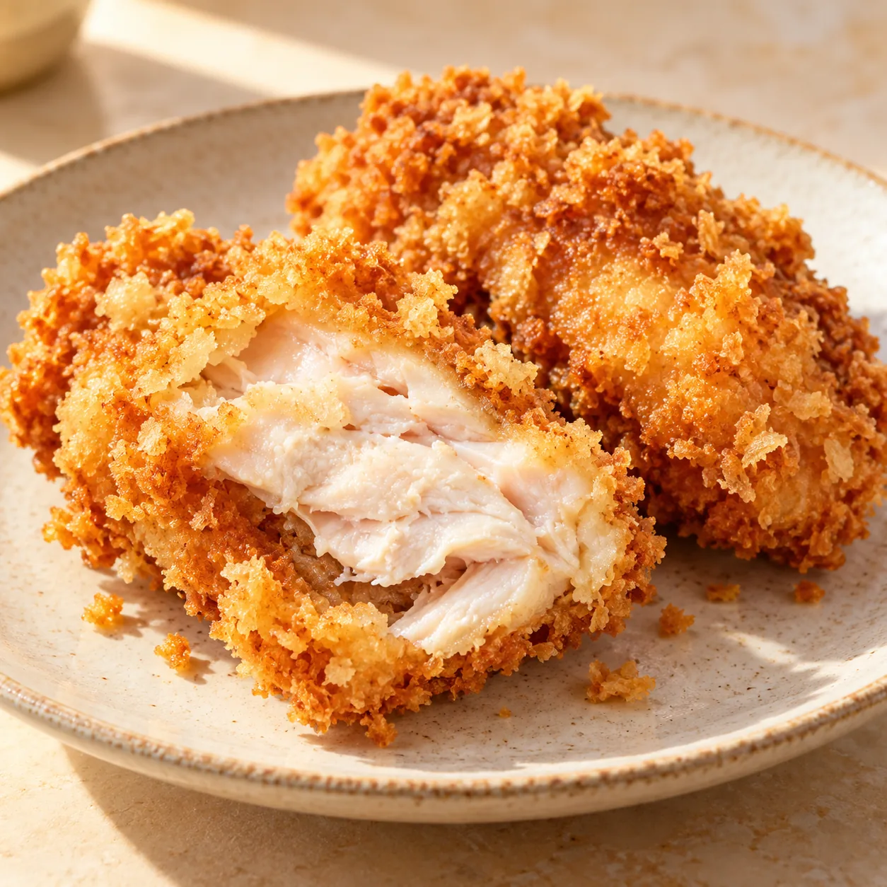 Concept image of boneless panko fried chicken, with a piece cut open