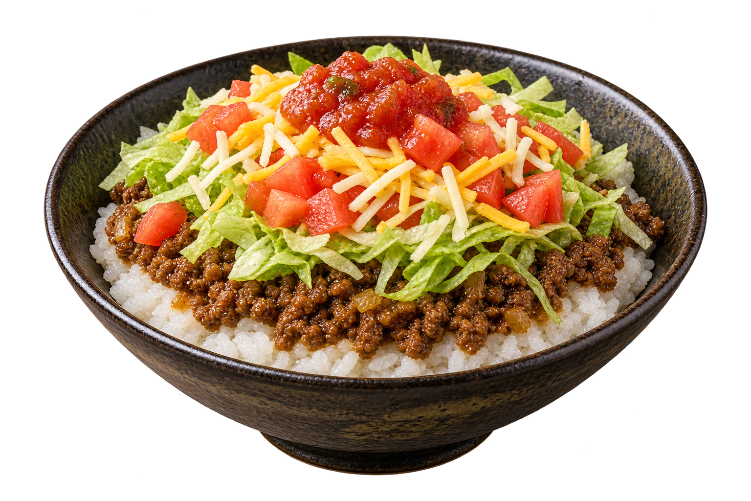 Concept photograph of Okinawan taco rice in a ceramic bowl